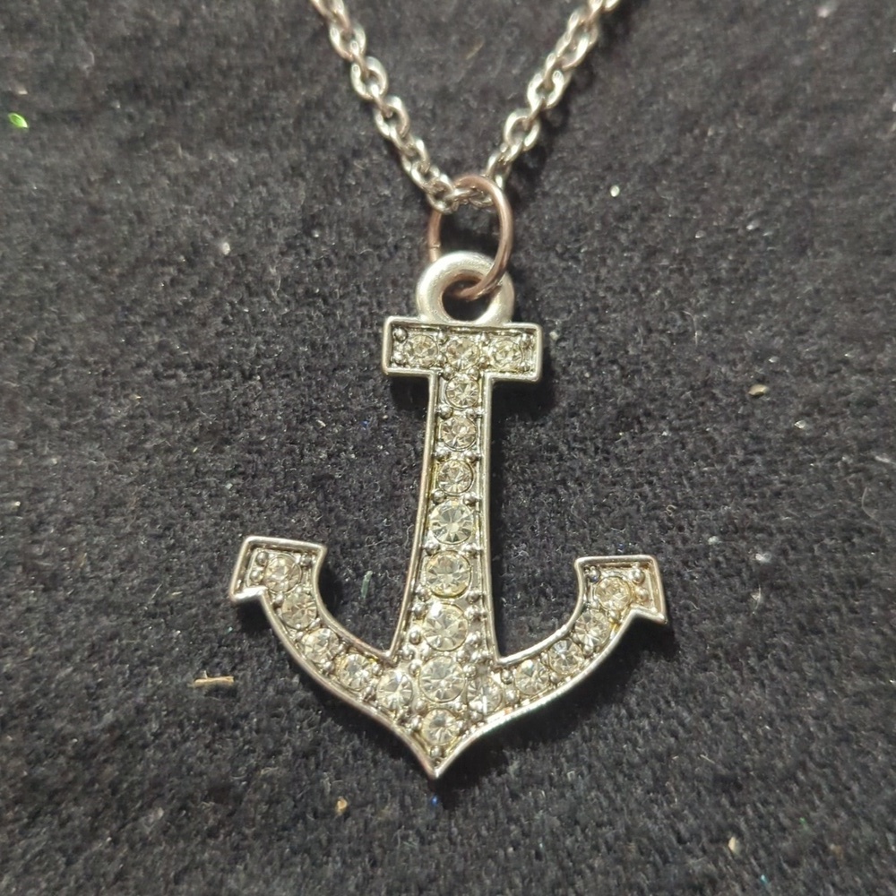 Silver Tone Clear Rhinestone Anchor Nautical Pendant Statement Necklace